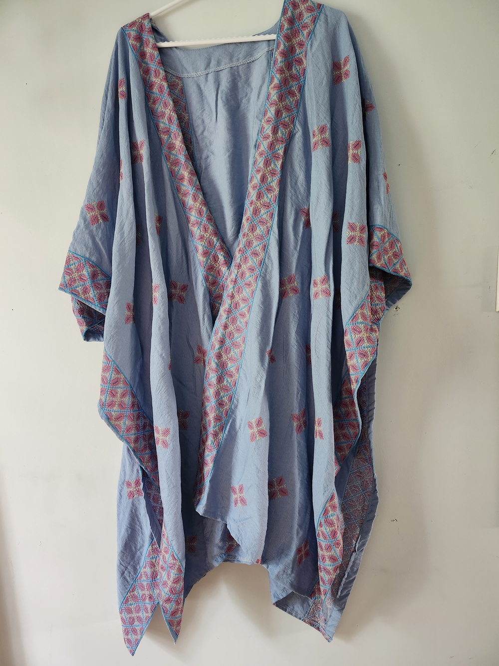 Hand Dyed Cotton Kimono, Blue Embroidered, One of a Kind, OS